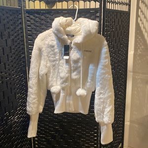 Bebe Womans Solid Faux Fur Logo Jacket Size Medium